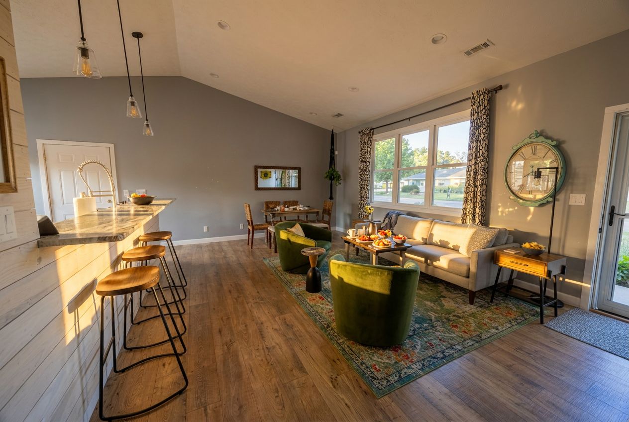 A spacious living area with a sofa, chairs, and a coffee table. There is a kitchen area with stools and a window with curtains.