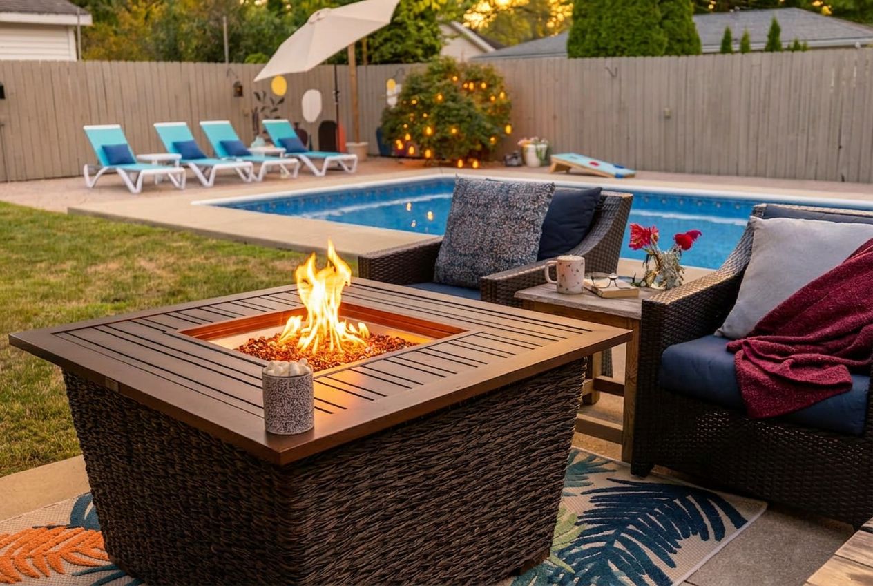 A backyard with a fire pit, lounge chairs, and a swimming pool.