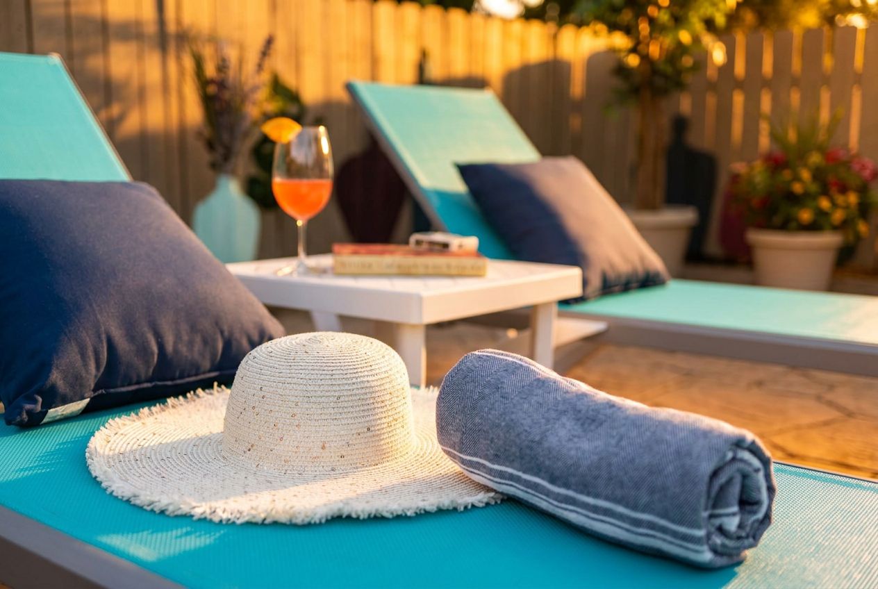 A sun lounger with a rolled towel and a straw hat, a glass of drink, and a book on a small table.