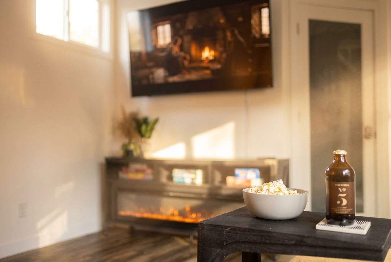 A cozy living room with a fireplace, a bowl of popcorn, and a bottle of beer on a table.