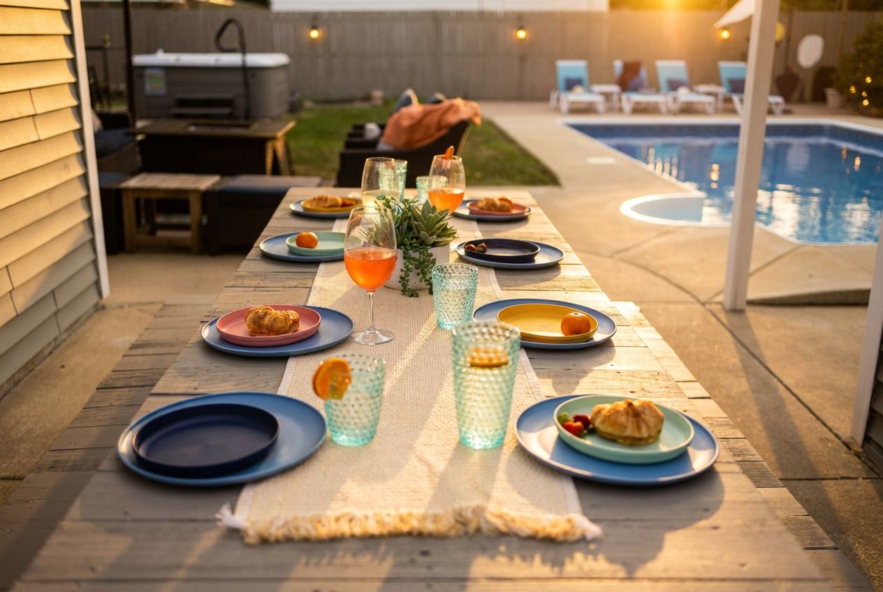 An outdoor dining area with a pool in the background.