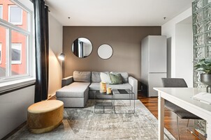 Basic Apartment, 1 Queen Bed with Sofa bed, Non Smoking | Living area | 50-inch Smart TV with cable channels, heated floors