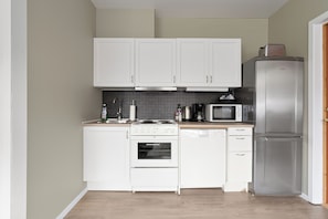 Departamento básico, 1 cama Queen size y sofá cama, para no fumadores | Cocina privada | Refrigerador, lavavajillas, tetera eléctrica y utensilios de cocina 