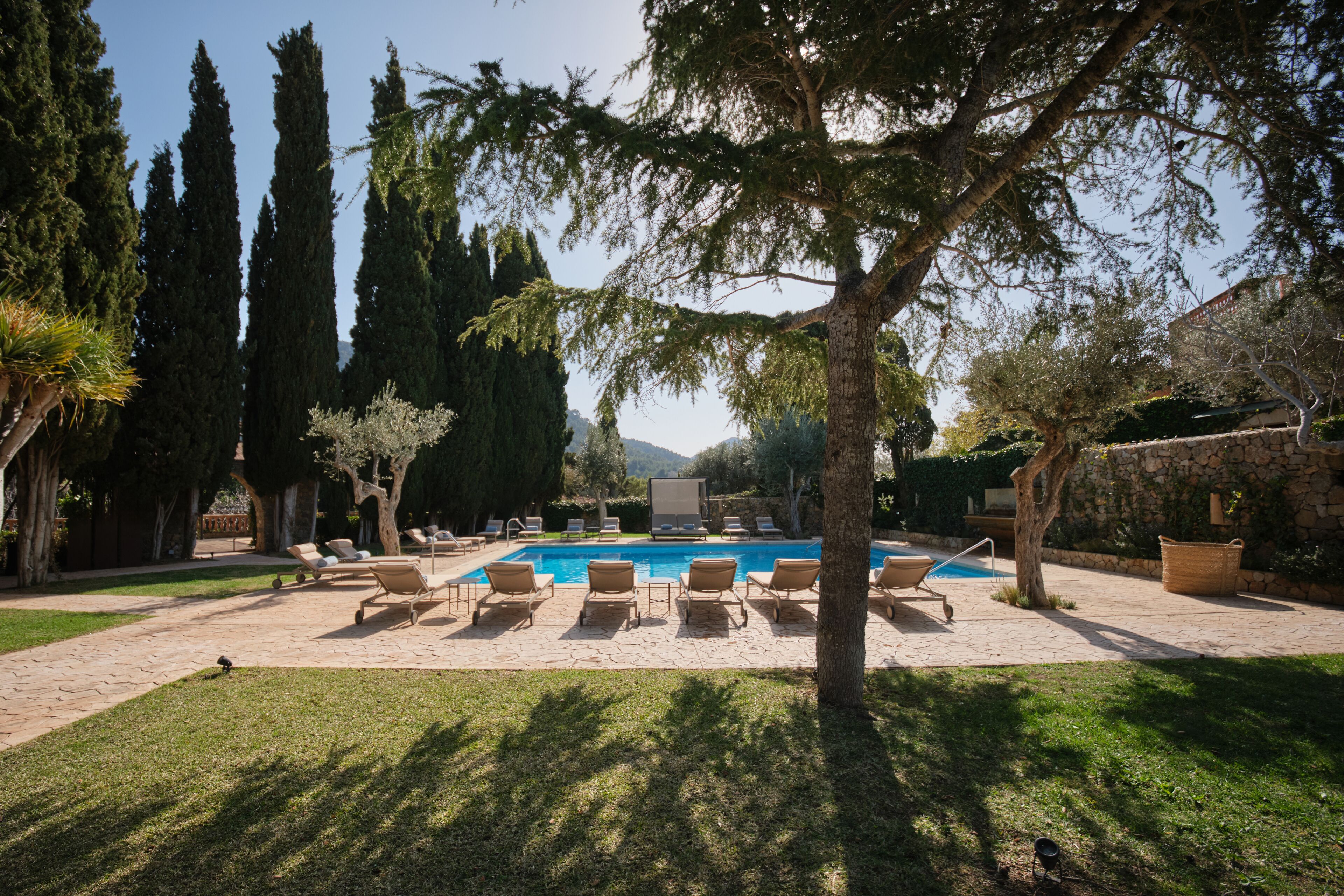 Zona de piscina con sillones reclinables, un muro de piedra y árboles altos.