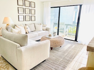 Ocean views from entire living room, dining area, and kitchen