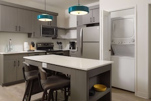 Premium bedding, laptop workspace, blackout curtains, iron/ironing board