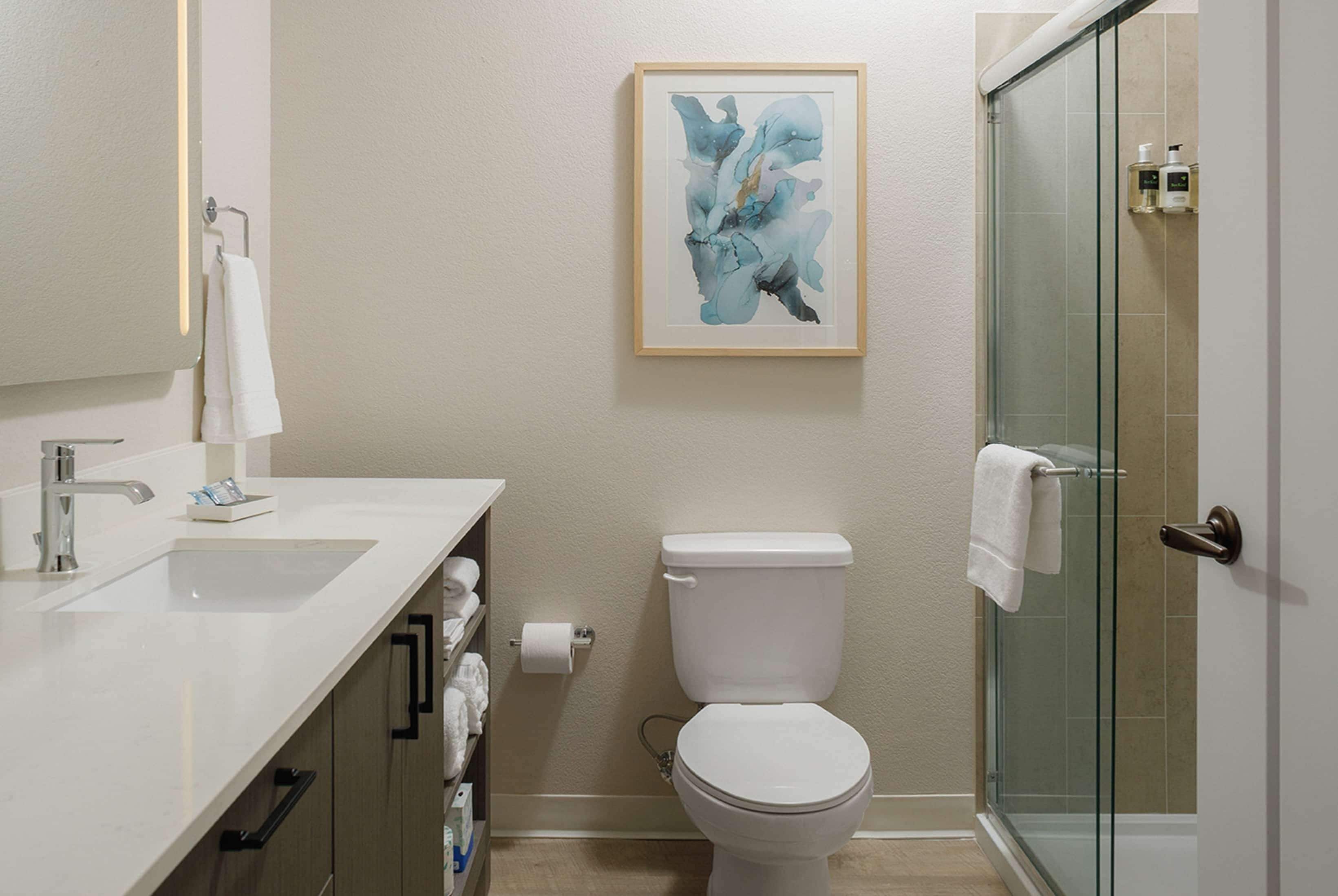 Ein Badezimmer mit einem weißen Waschbecken, einer Toilette und einer Duschkabine aus Glas. An der Wand hängt ein gerahmtes abstraktes Gemälde und es gibt einen Handtuchhalter.
