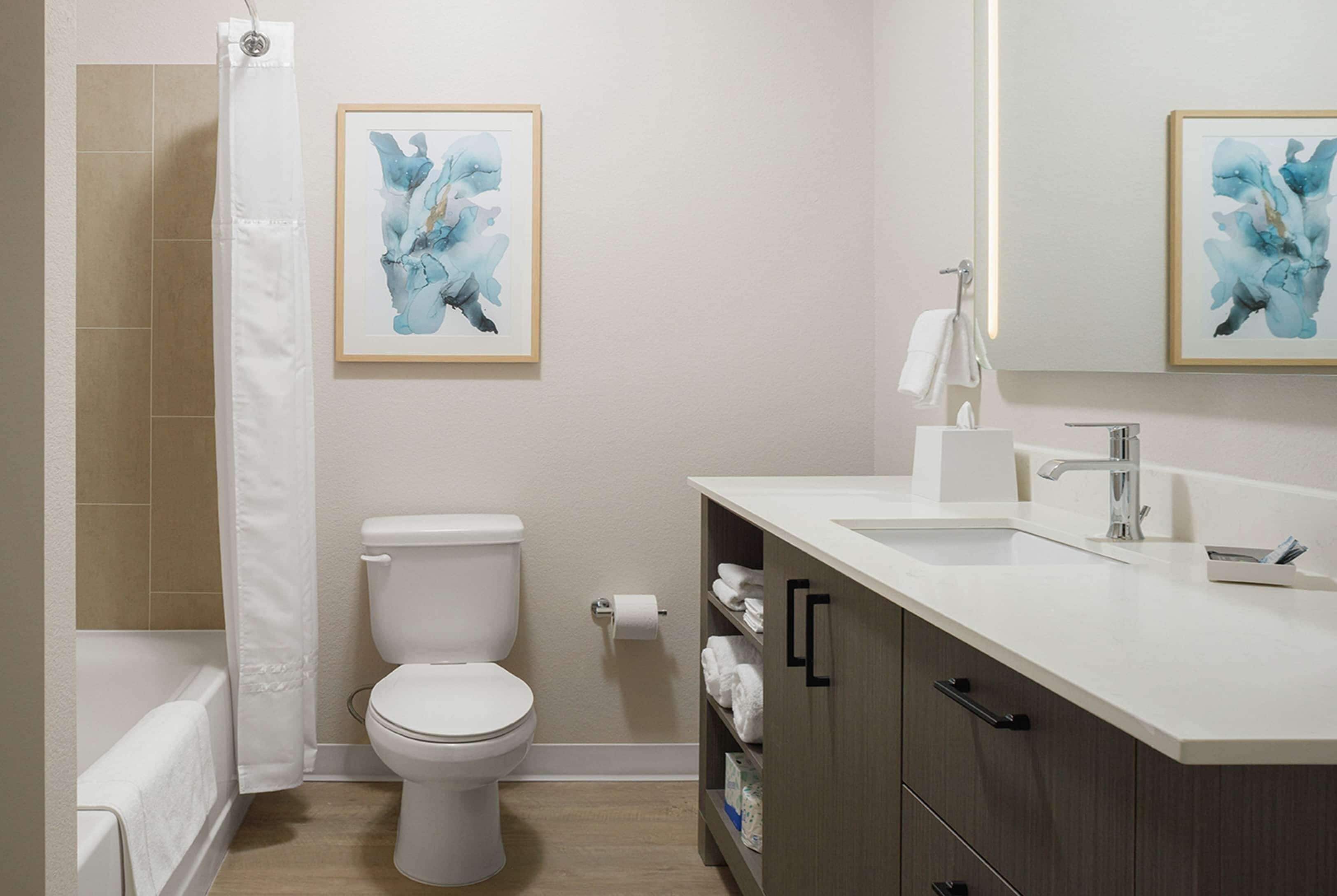 A modern bathroom with a toilet, shower, and sink. There are framed artworks on the wall and a towel rack.