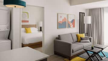 Premium bedding, laptop workspace, blackout drapes, iron/ironing board