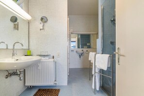 A modern bathroom with a white sink, a mirror, a shower, and a glass-enclosed shower area. - Fuths Loft Penthouse 85 (Antwerpen,)