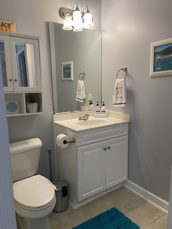 A bathroom with a toilet, sink, mirror, and a blue rug. - Lovely/Serene/Water View1st floor 2B/2BA Condo,10M-Beach. (Conway)