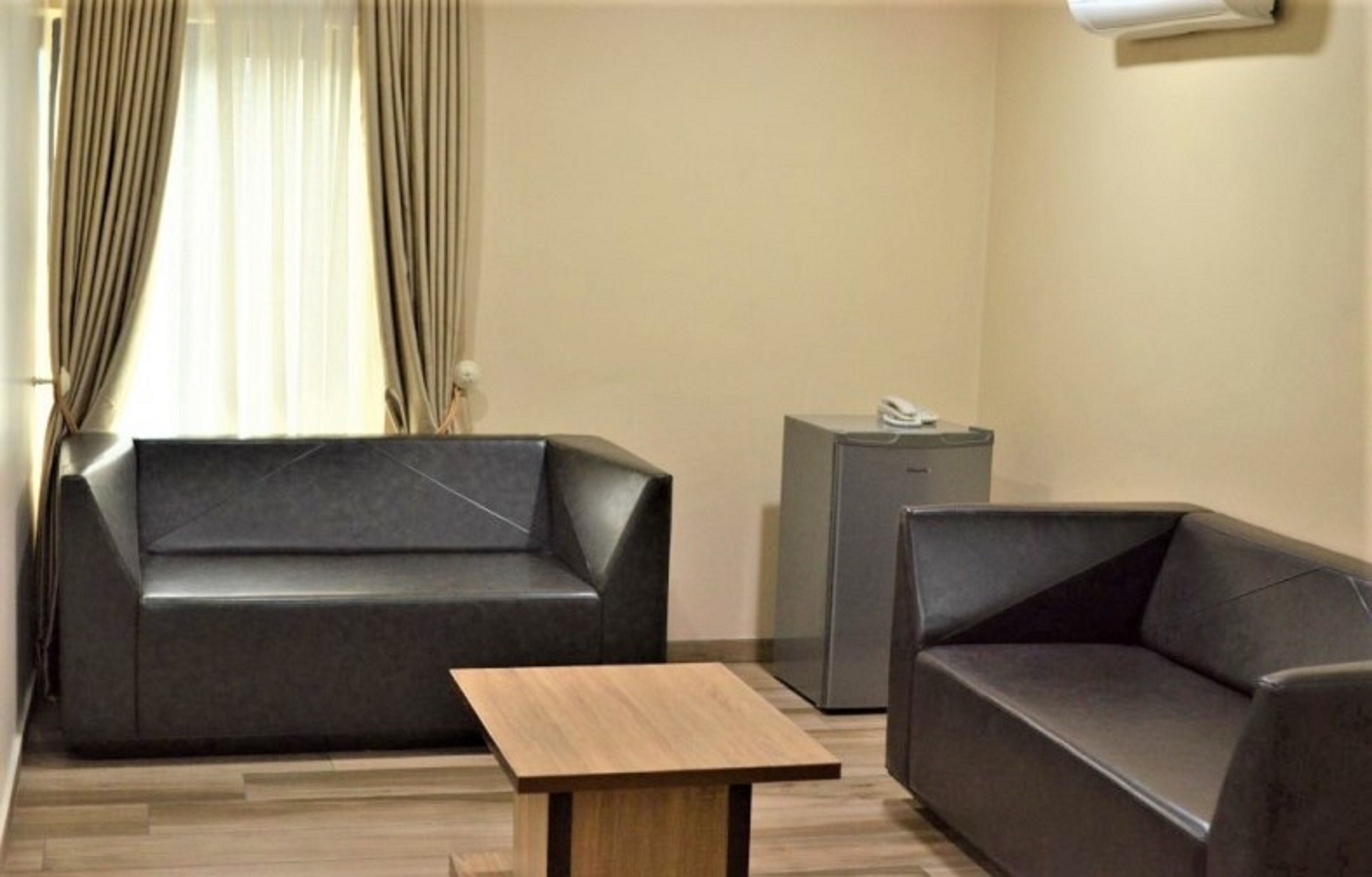A modern living room with two dark sofas, a wooden coffee table, and a small gray cabinet.
