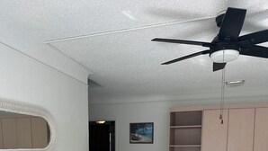 Ein Zimmer mit Deckenventilator, einer Couch, einem Glastisch, einem Schrank und einem gerahmten Bild an der Wand.