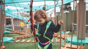 Un bambino su un'altalena da corda con imbracature di sicurezza, circondato da piattaforme in legno e chiome verdi.