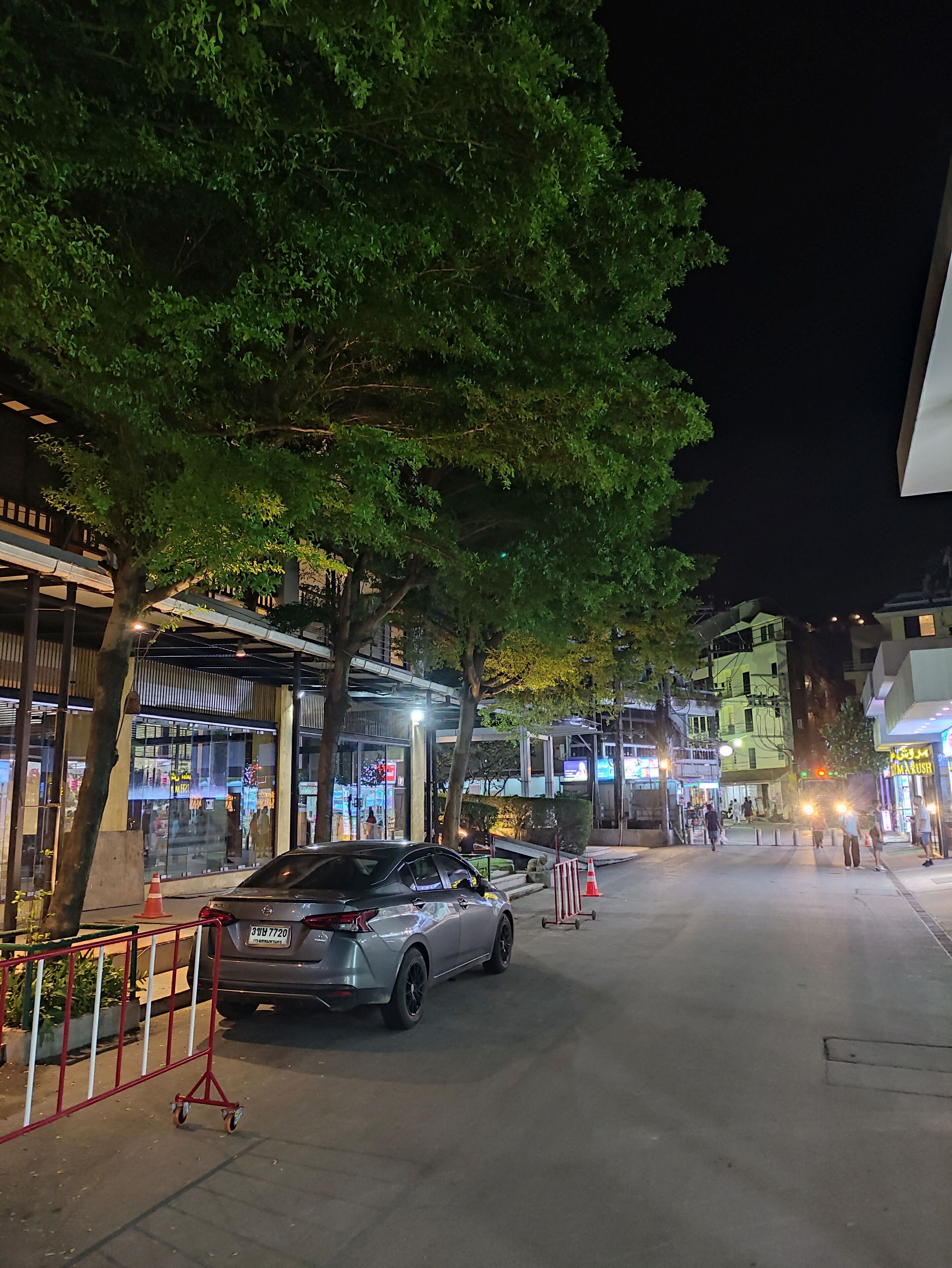 Una calle iluminada de noche con un coche aparcado, árboles y escaparates.