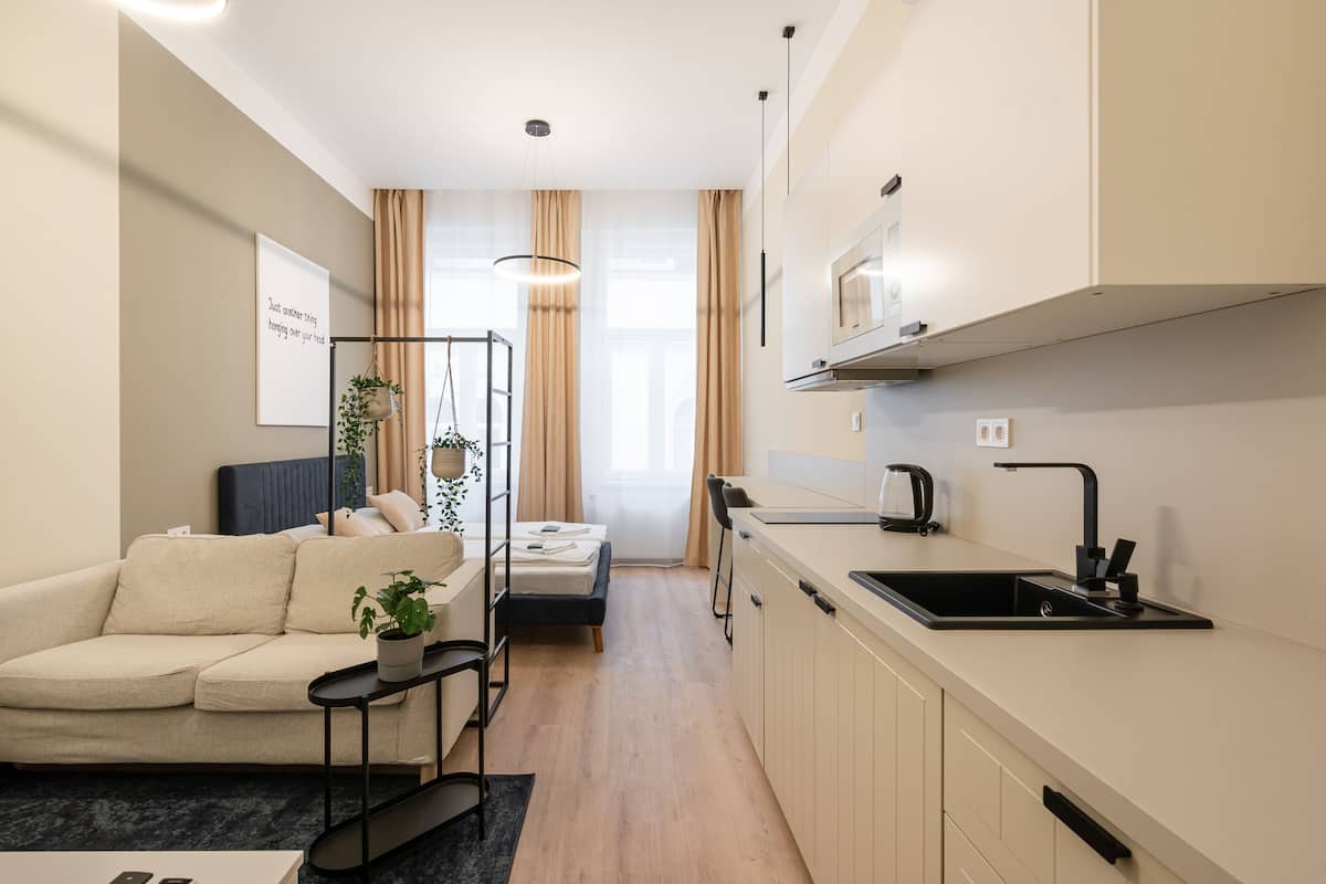 Ein kompakter Wohnraum mit Küchenzeile, einer Couch, einem Bett und einem Fenster mit Vorhängen.