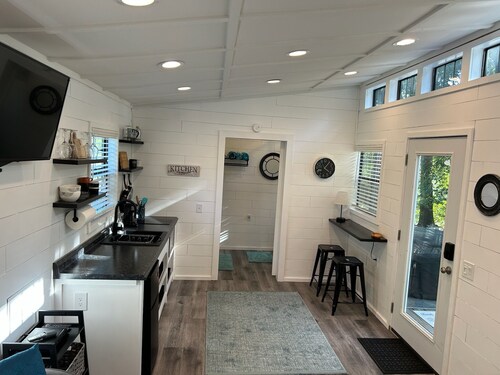 Tiny House for two nestled under massive oaks in Southern Oklahoma.