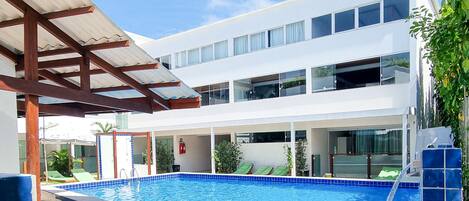 Outdoor pool, open 8:00 AM to 8:00 PM, sun loungers