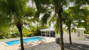 Piscina com espreguiçadeiras, cercada por palmeiras e um terraço coberto.