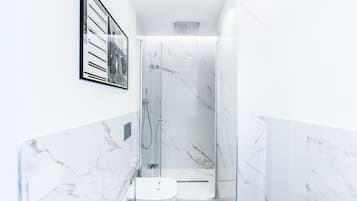 Regadera, secadora de cabello, bidet, toallas