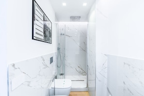 Regadera, secadora de cabello, bidet, toallas