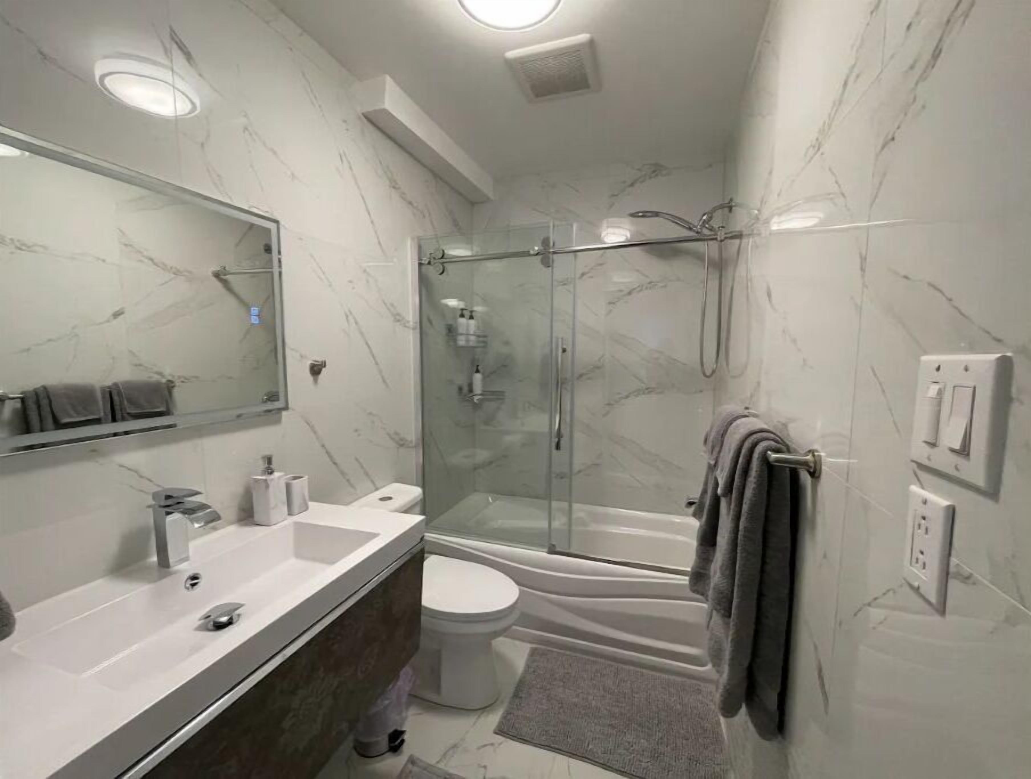 Hair dryer, towels, soap, shampoo