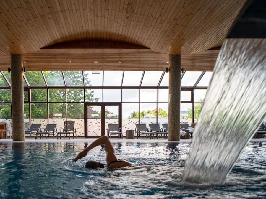 Indoor pool, open 9:00 AM to 9:00 PM, sun loungers