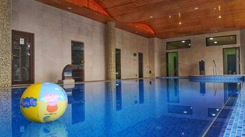 Indoor pool, open 9:00 AM to 9:00 PM, sun loungers