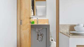 A narrow hallway leading to a bathroom with a wooden door, a sink, and a mirror.