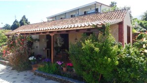 A house with a tiled roof, a covered porch, and a garden with various plants and flowers. - Casa  Grøn (CN)