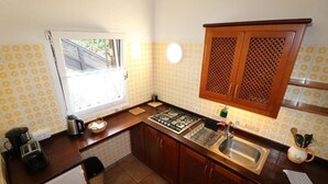 Eine kleine Küche mit Gasherd, Spüle und Holzschränken.