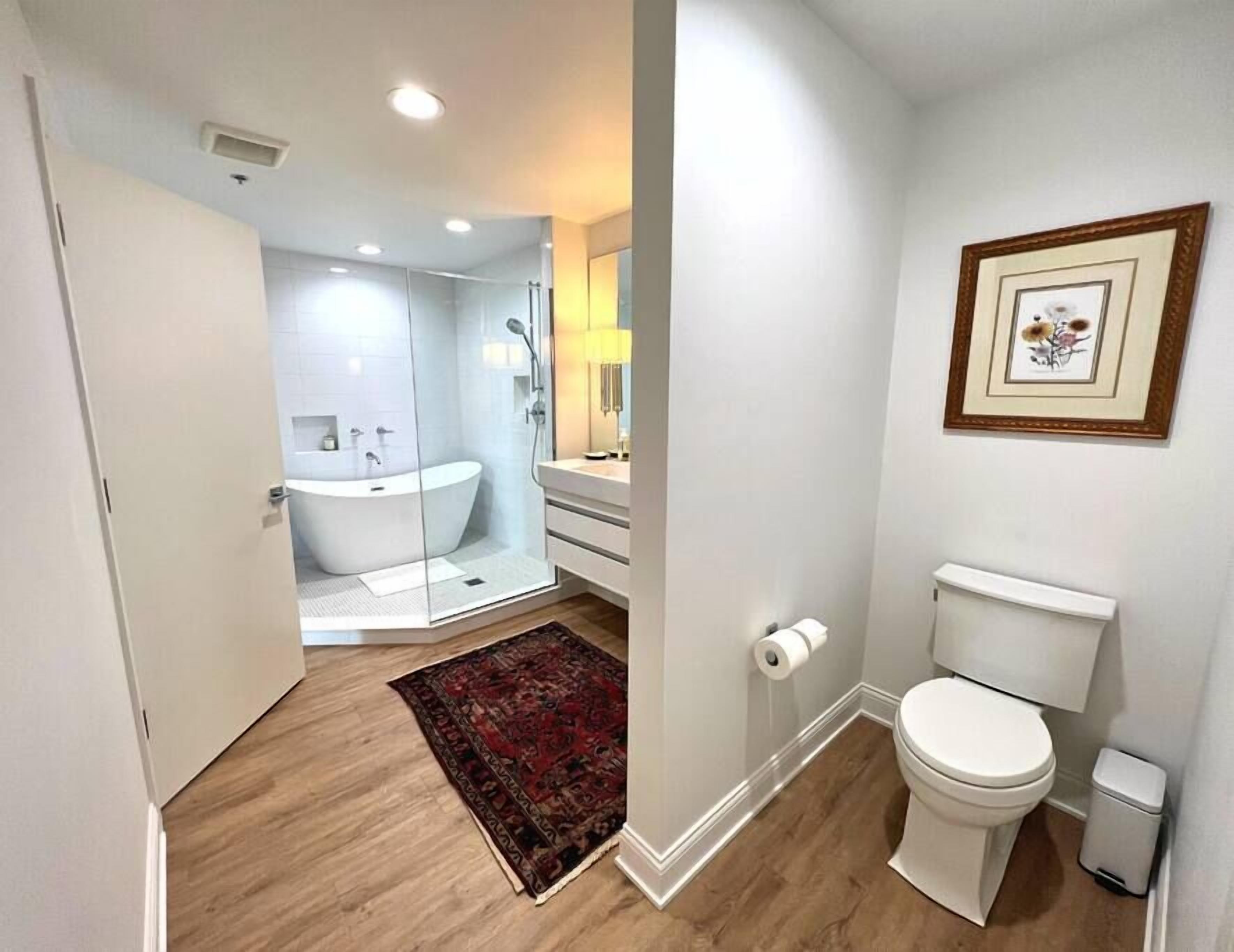 Bathtub, hair dryer, towels