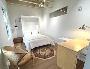 A modern bedroom with a bed, a desk, a chair, and a rug.