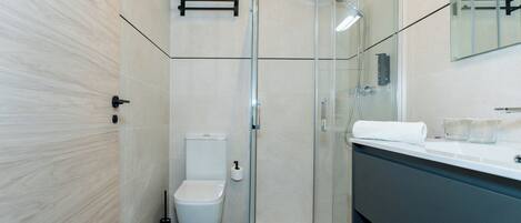 A modern bathroom with a glass-enclosed shower, a toilet, and a vanity with a mirror.