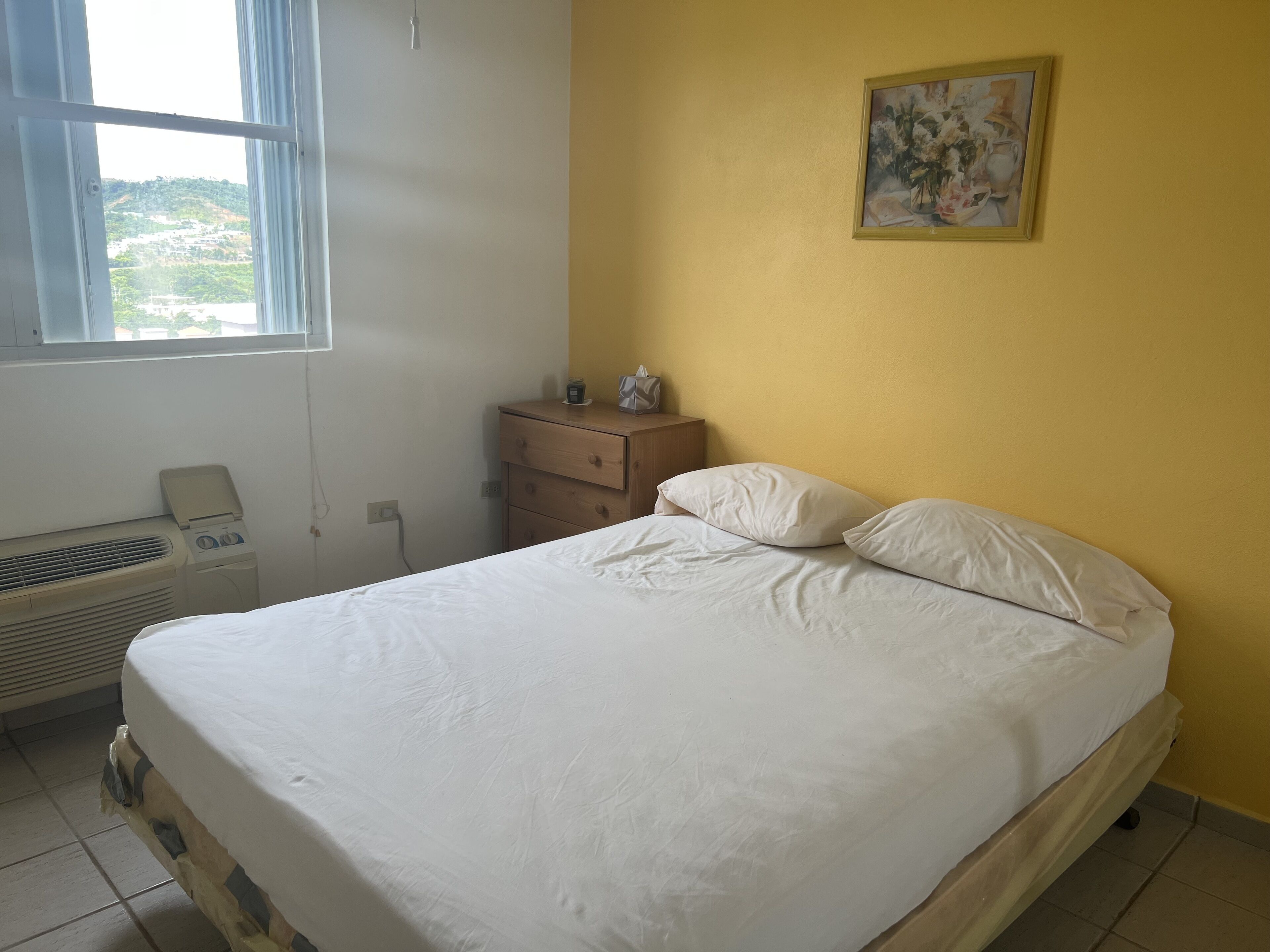 A bedroom with a bed, a nightstand, a heater, and a window with a view of greenery.