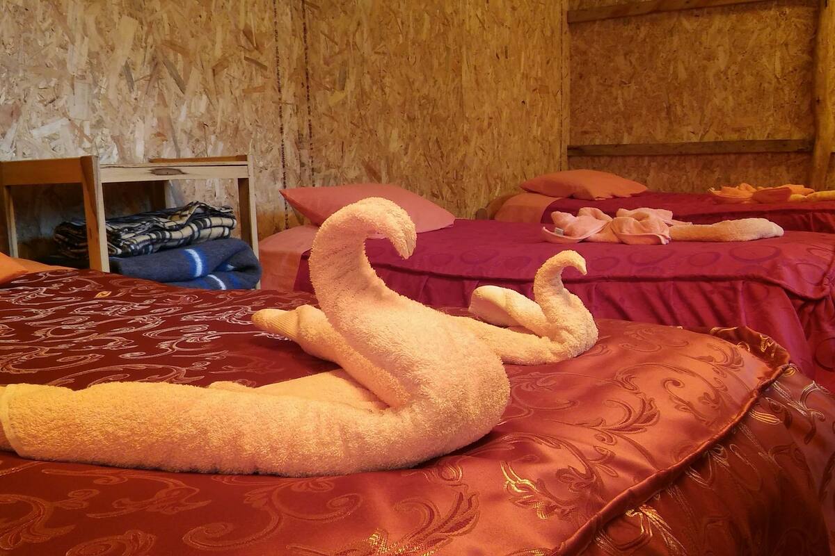Dos camas con ropa de cama roja y una toalla grande con forma de cisne en el primer plano.