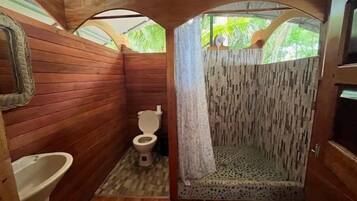 Shower, towels, shampoo, toilet paper