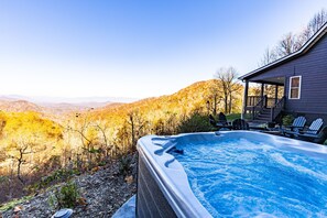 Outdoor spa tub - Spectacular views minutes from Bryson City, fire pit and brand new hot tub! (Bryson City)