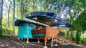 Une structure rustique en bois, dotée d’une façade verte et d’un toit incurvé, entourée d’une zone boisée.