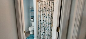 Enter a bathroom with a white toilet, blue rug, and metal shelf unit.