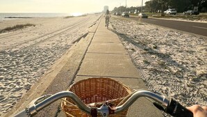 Un sendero frente a la playa con una bicicleta y una cesta de mimbre.