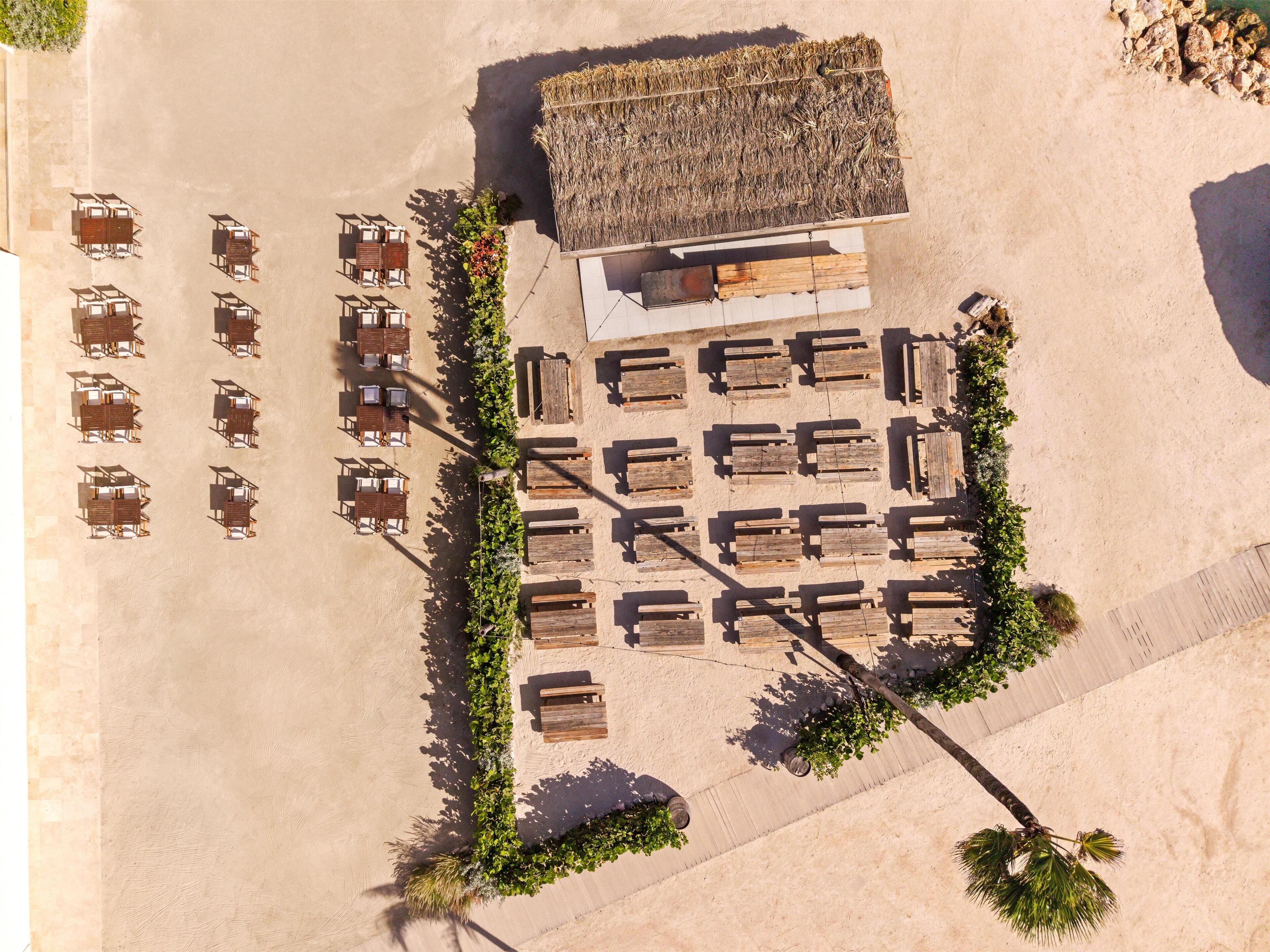 An aerial view of a beachside hotel with multiple wooden deck chairs arranged in rows, a thatched-roof structure, and a row of palm trees.