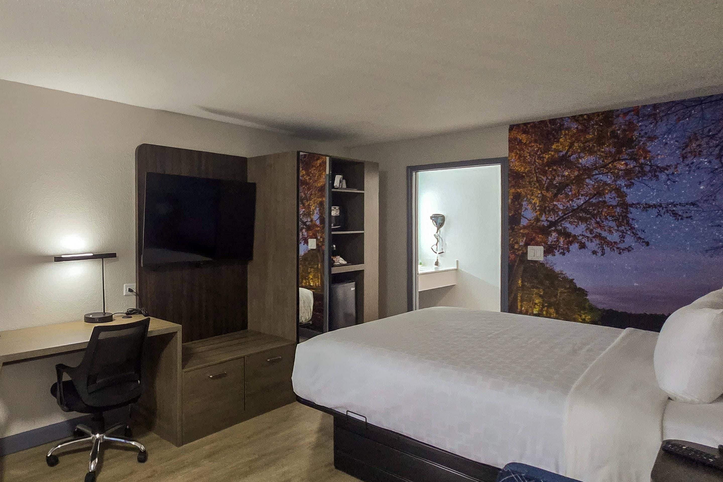Hotellihuone, jossa on sänky, työpöytä, tuoli, televisio, vaatekaappi ja taulu.