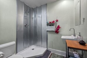 Shower, hair dryer, towels, soap