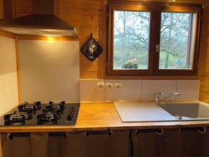 Fridge, microwave, stovetop, coffee/tea maker