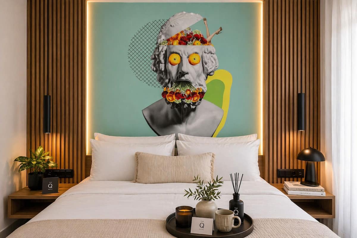 A modern hotel room with a bed, a nightstand, a lamp, a tray with a mug, a vase, and a book.