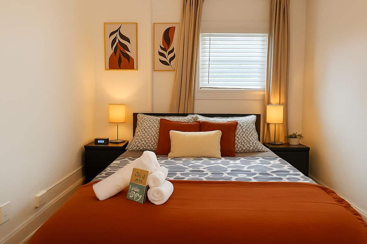 Quarto de hotel com cama, duas mesas de cabeceira com luminárias, uma janela com cortinas e duas obras de arte na parede.
