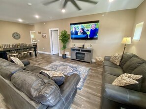 Smart TV, fireplace, video games, DVD player