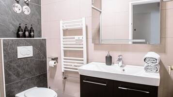 Ducha, secador de pelo, toallas, jabón