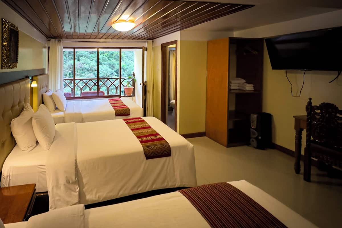 A hotel room with two beds, a television, and a balcony with a view of greenery.